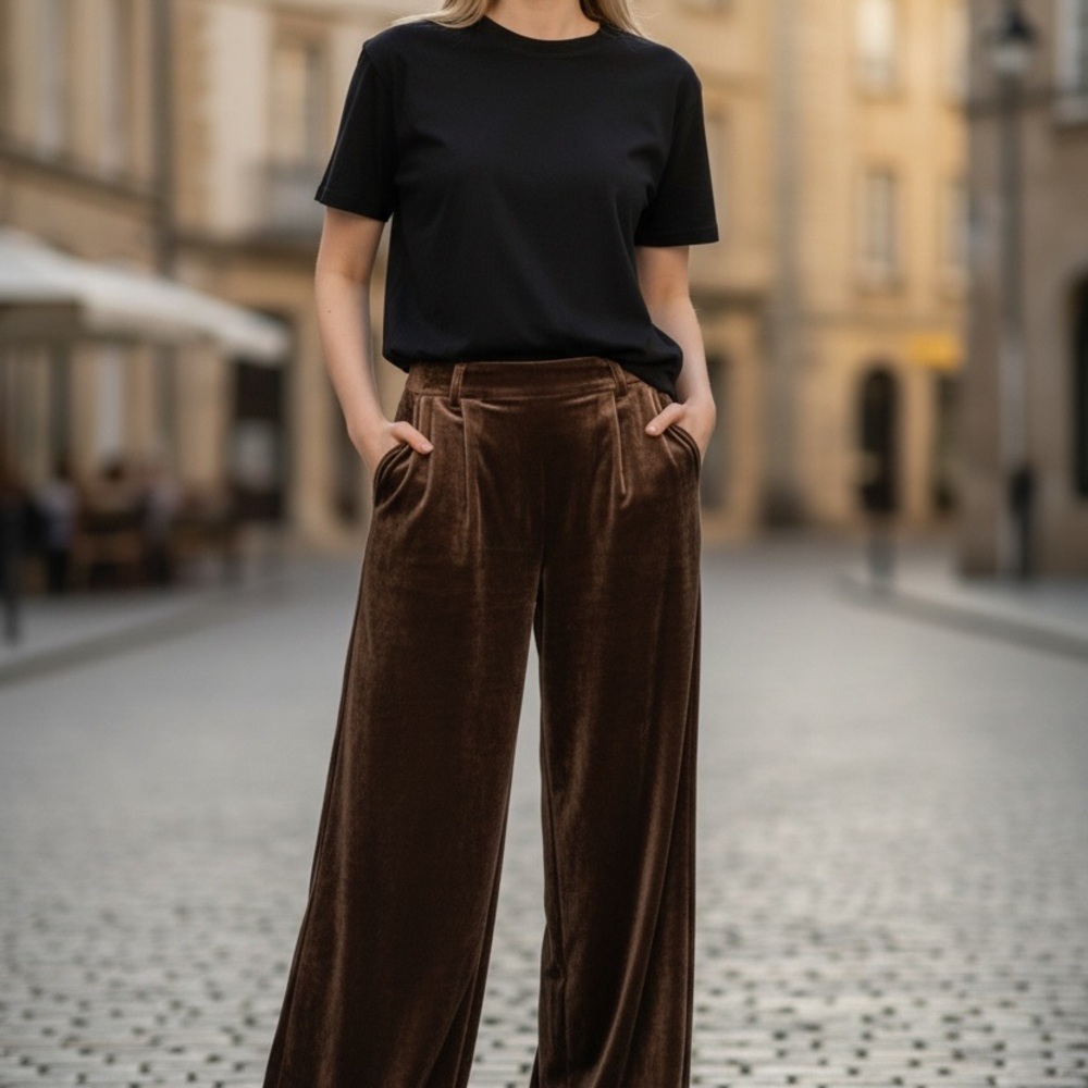New Entro Elegant Brown Velvet Wide-Leg Pants
